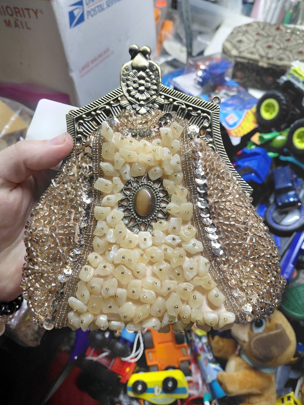 Beaded Cream Evening Clutch with Ornate Metal Frame - Unbranded